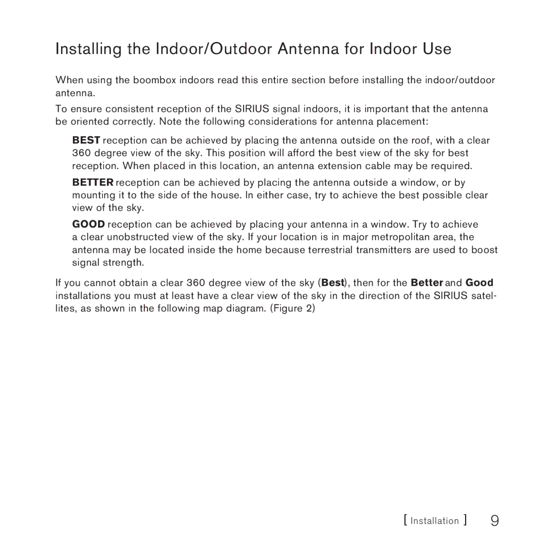 Sirius Satellite Radio SUBX1 manual Installing the Indoor/Outdoor Antenna for Indoor Use 