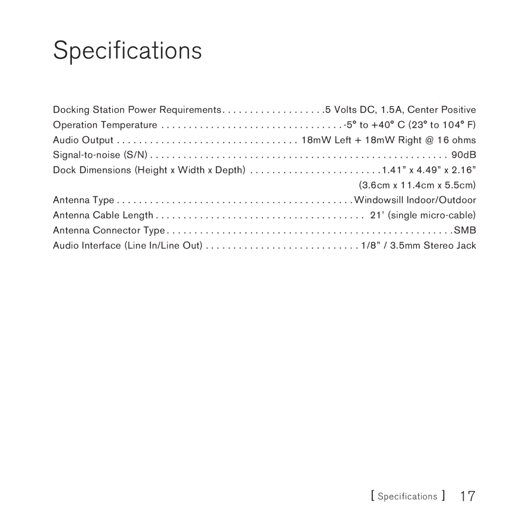 Sirius Satellite Radio SUPH1 manual Specifications 