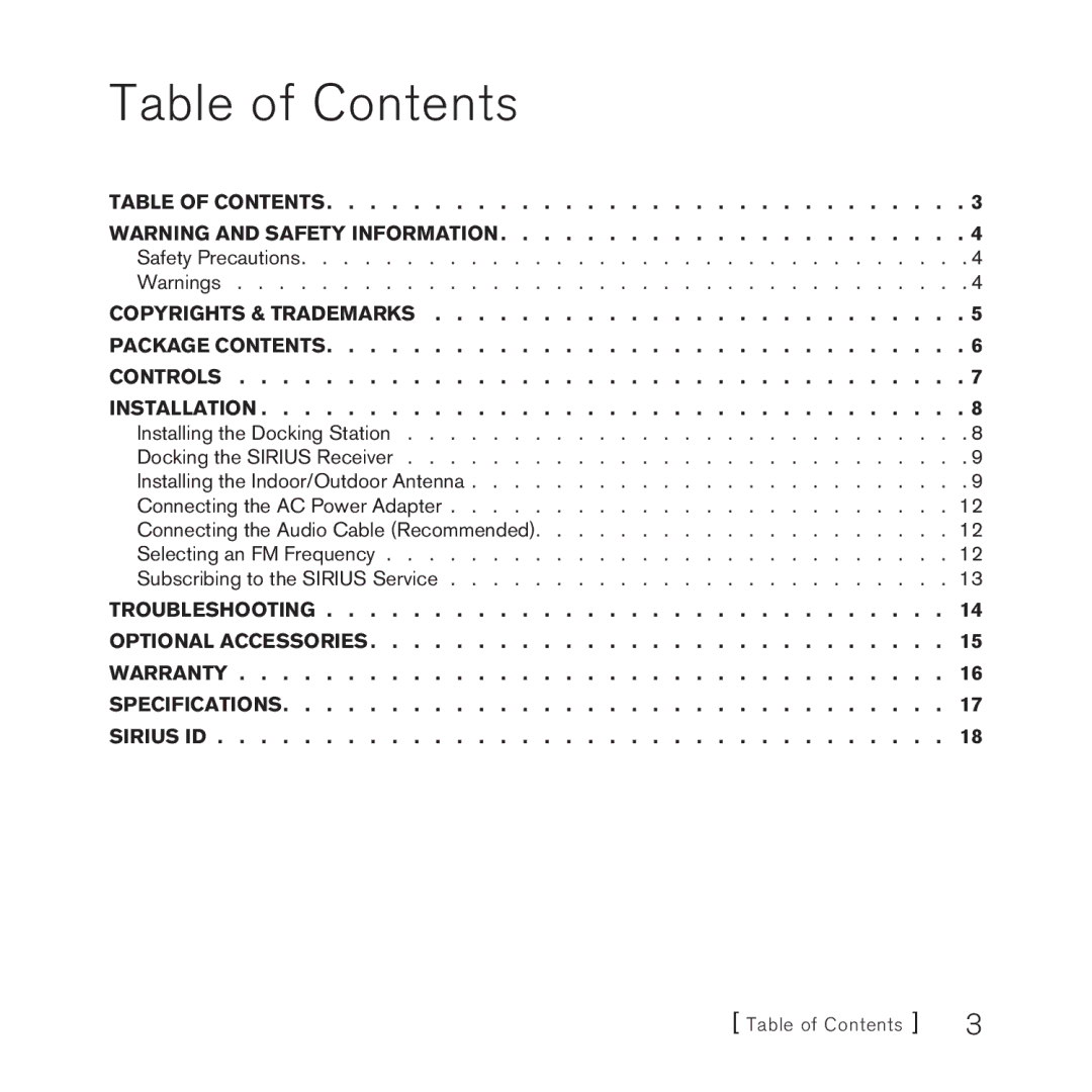 Sirius Satellite Radio SUPH1 manual Table of Contents 