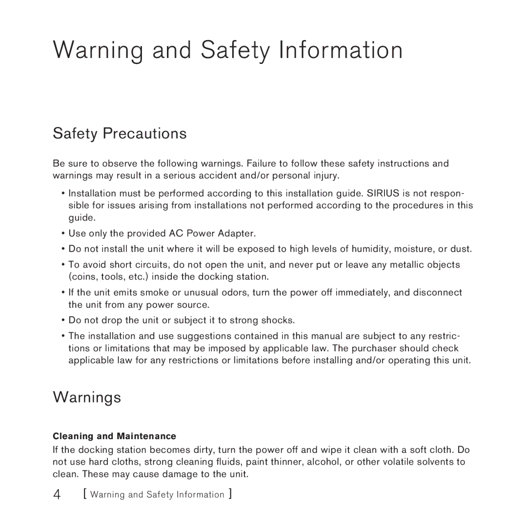 Sirius Satellite Radio SUPH1 manual Safety Precautions 