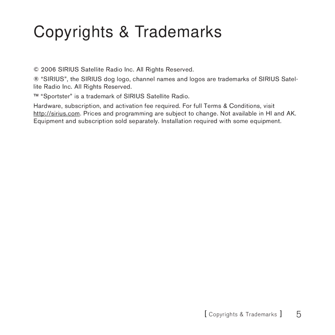 Sirius Satellite Radio SUPH1 manual Copyrights & Trademarks 