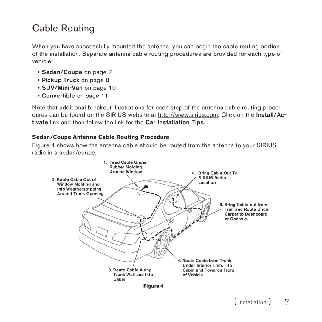 Sirius Satellite Radio 051707a, SUVA2, DOT2 manual Sedan/Coupe Antenna Cable Routing Procedure 