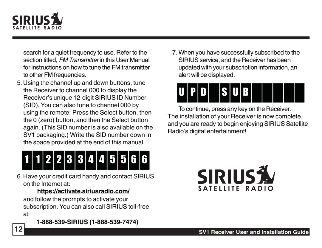 Sirius Satellite Radio SV1 SIRIUS One manual D S U B, 2 2 3 3 4 4 5 5 6, Sirius 