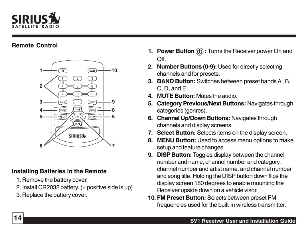 Sirius Satellite Radio SV1 SIRIUS One manual Remote Control, Installing Batteries in the Remote 