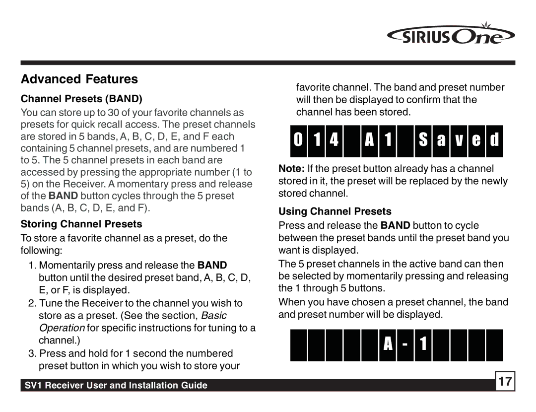 Sirius Satellite Radio SV1 SIRIUS One manual 4 a 1 S a v e d, Channel Presets Band, Storing Channel Presets 