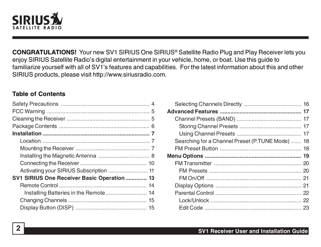 Sirius Satellite Radio SV1 SIRIUS One manual Table of Contents 