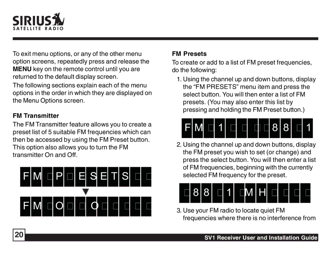 Sirius Satellite Radio SV1 SIRIUS One manual P R E S E T S F M O n / O f f, M H z, FM Transmitter, FM Presets 