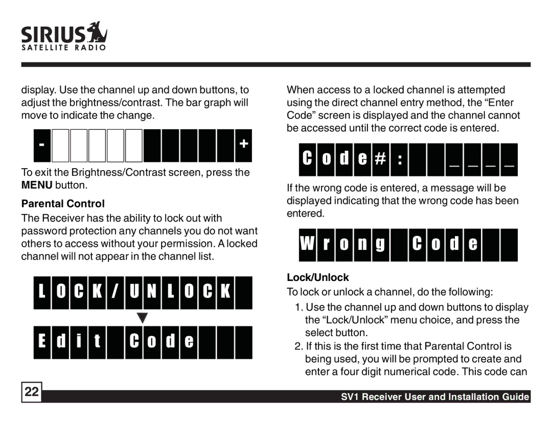 Sirius Satellite Radio SV1 SIRIUS One manual D e #, O n g C o d e, Parental Control, Lock/Unlock 