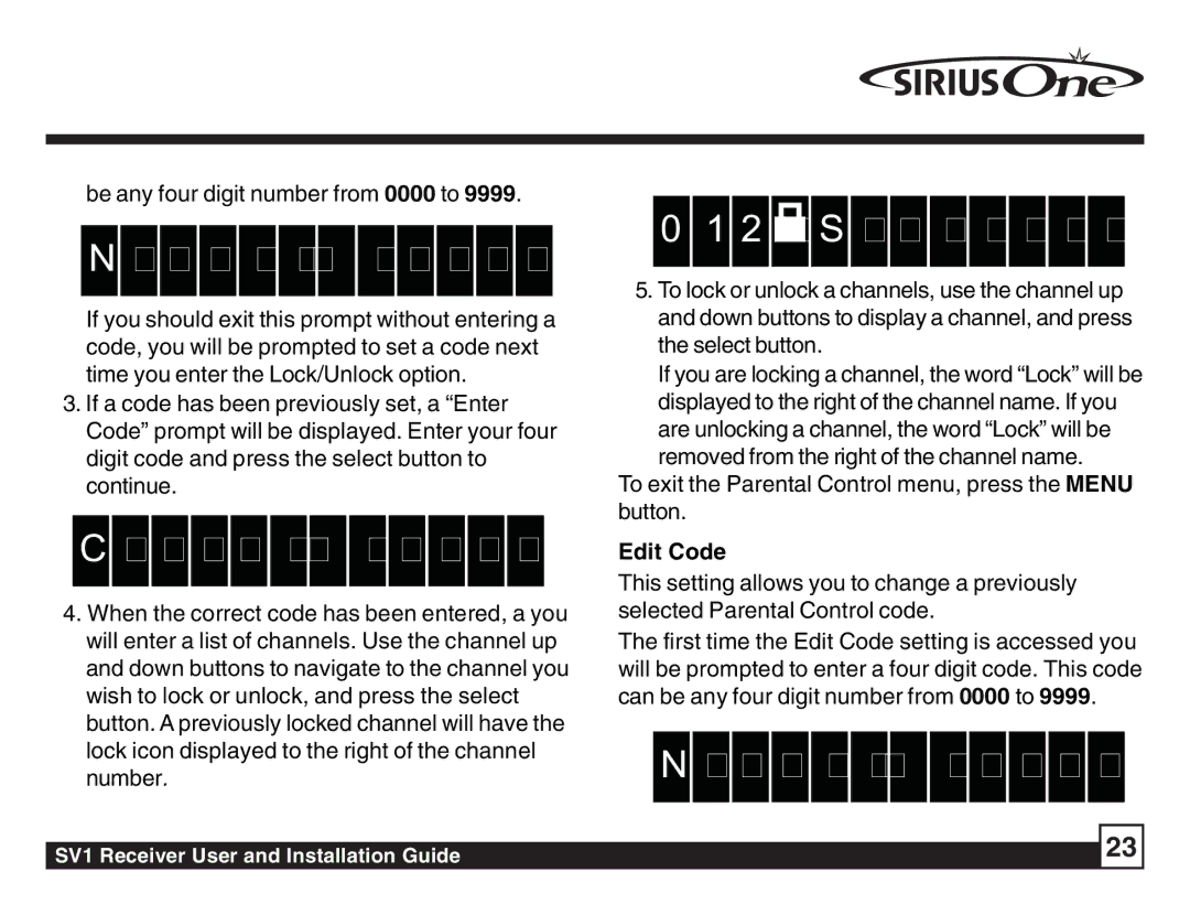 Sirius Satellite Radio SV1 SIRIUS One manual W #, S p i r i t, Edit Code 