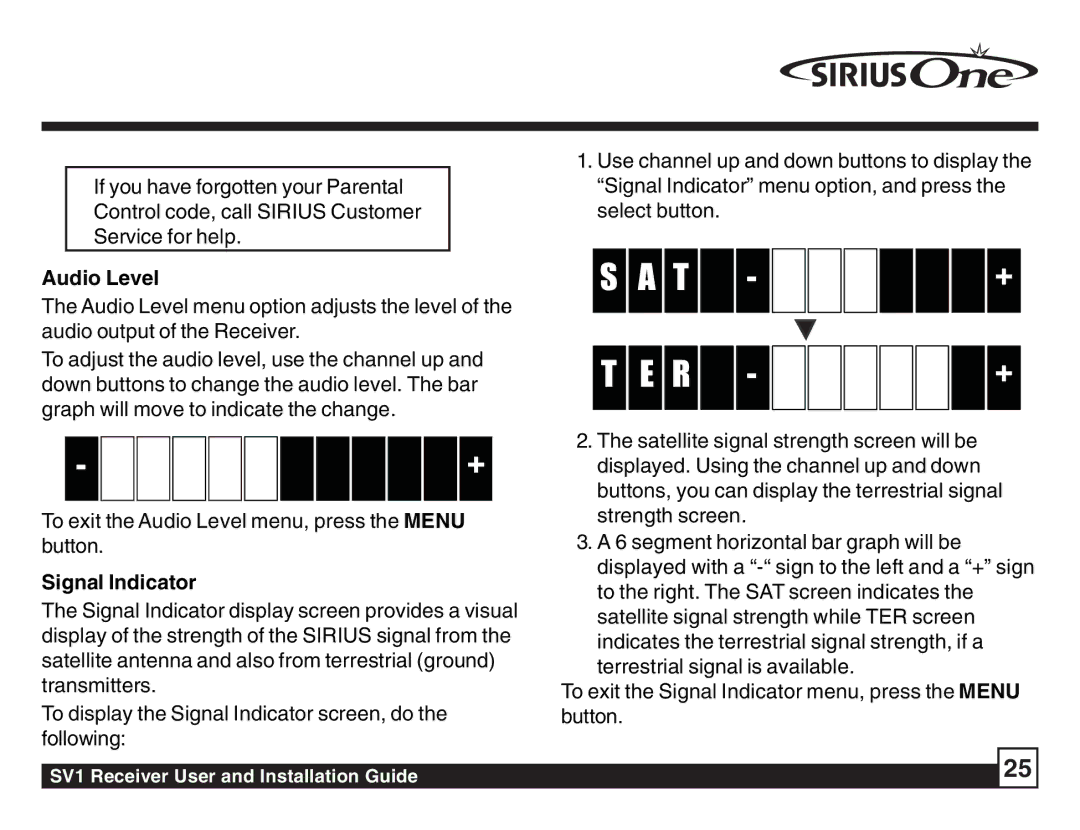 Sirius Satellite Radio SV1 SIRIUS One manual Audio Level, Signal Indicator 