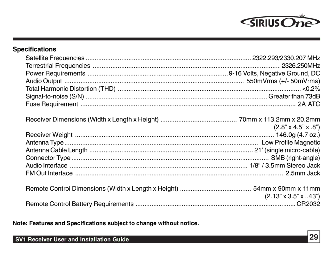 Sirius Satellite Radio SV1 SIRIUS One manual Specifications, Audio Output 