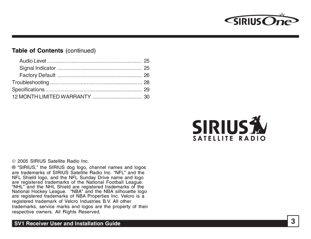 Sirius Satellite Radio SV1 SIRIUS One manual Table of Contents 