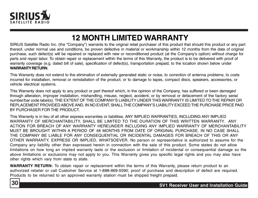 Sirius Satellite Radio SV1 SIRIUS One manual Month Limited Warranty 