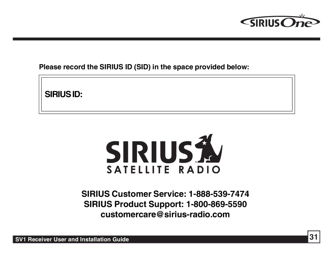 Sirius Satellite Radio SV1 SIRIUS One manual Sirius ID 