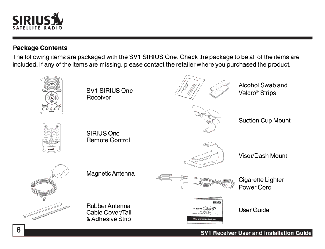 Sirius Satellite Radio SV1 SIRIUS One manual Package Contents 