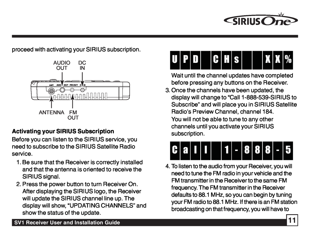 Sirius Satellite Radio SV1 SIRIUS One manual U P D, C H s, X X % 