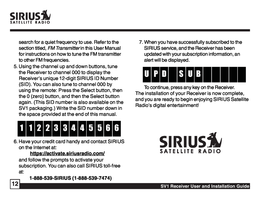 Sirius Satellite Radio SV1 SIRIUS One manual U P D S U B, 11 2 2 3, Sirius 