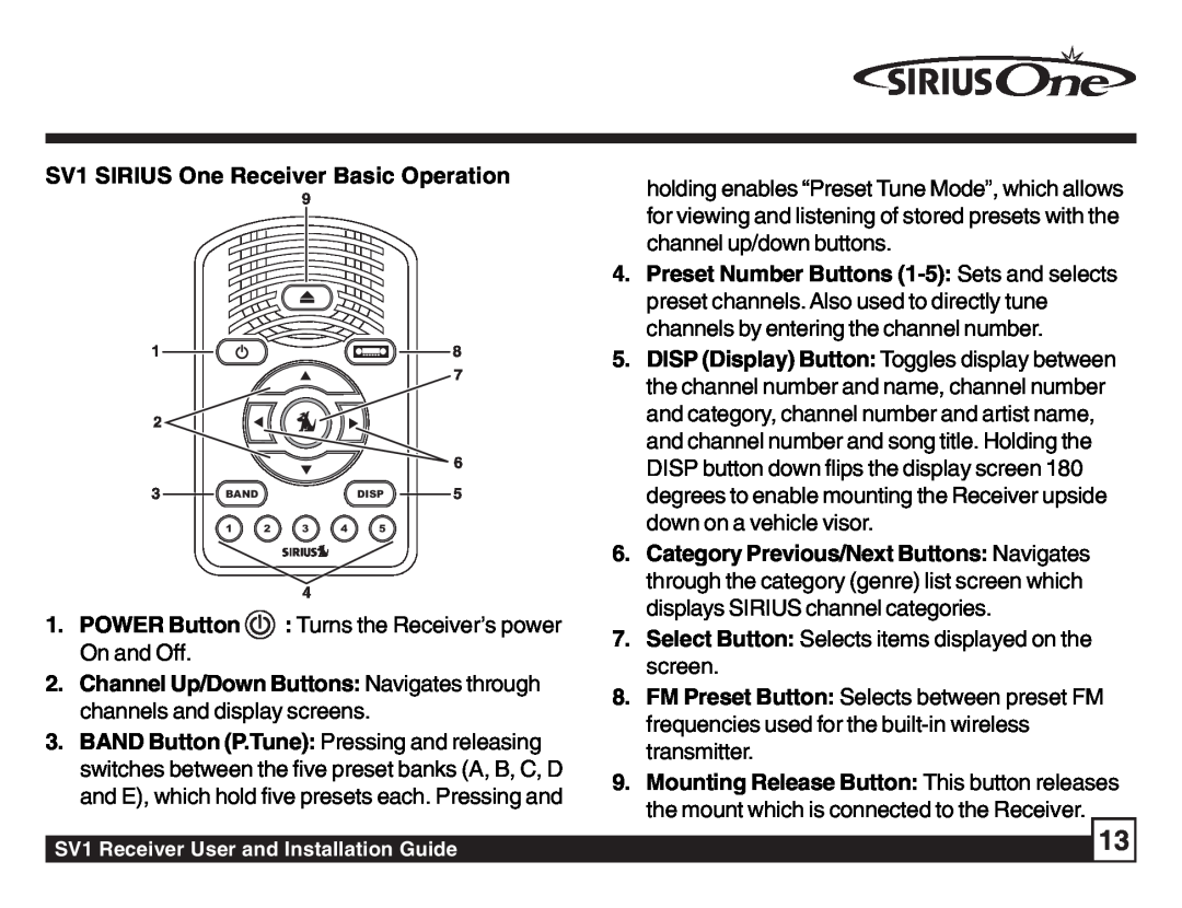 Sirius Satellite Radio manual SV1 SIRIUS One Receiver Basic Operation, Category Previous/Next Buttons Navigates 