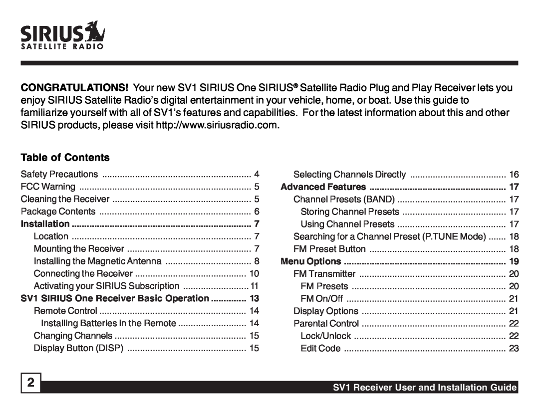 Sirius Satellite Radio SV1 SIRIUS One manual Table of Contents, Advanced Features, Menu Options 