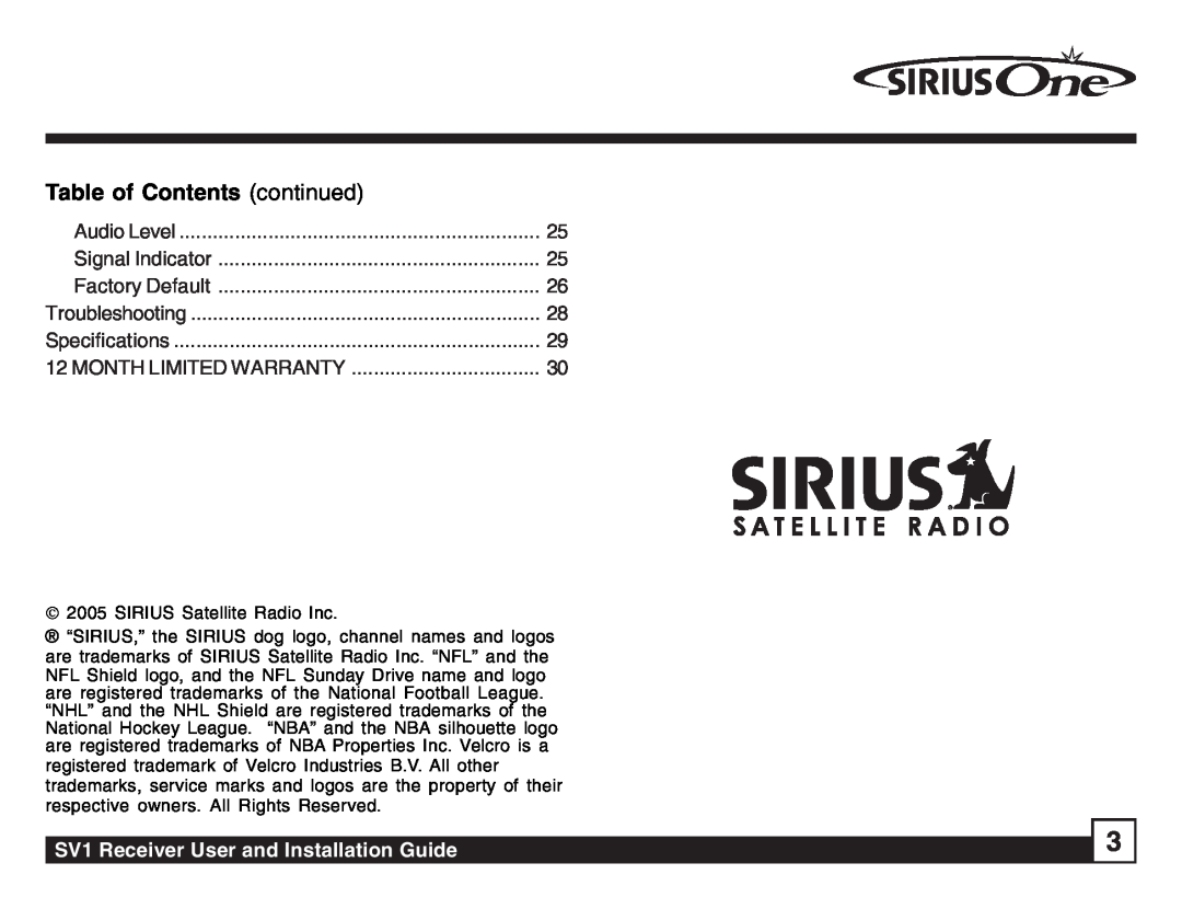 Sirius Satellite Radio SV1 SIRIUS One manual Table of Contents continued, SV1 Receiver User and Installation Guide 