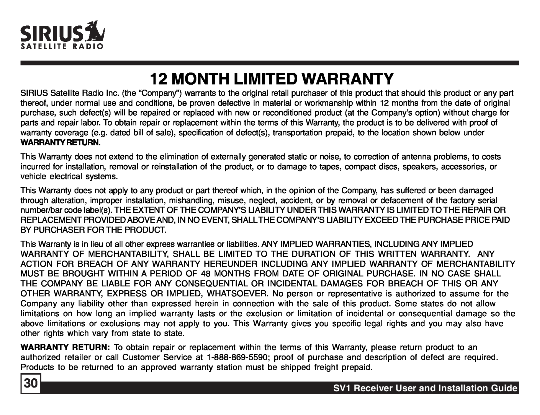Sirius Satellite Radio SV1 SIRIUS One Month Limited Warranty, Warrantyreturn, SV1 Receiver User and Installation Guide 