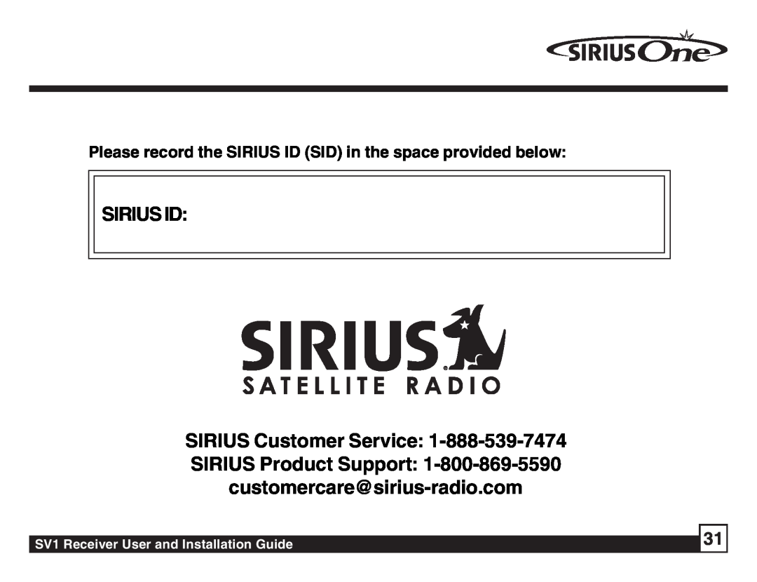 Sirius Satellite Radio SV1 SIRIUS One manual SIRIUS ID SIRIUS Customer Service, SIRIUS Product Support 