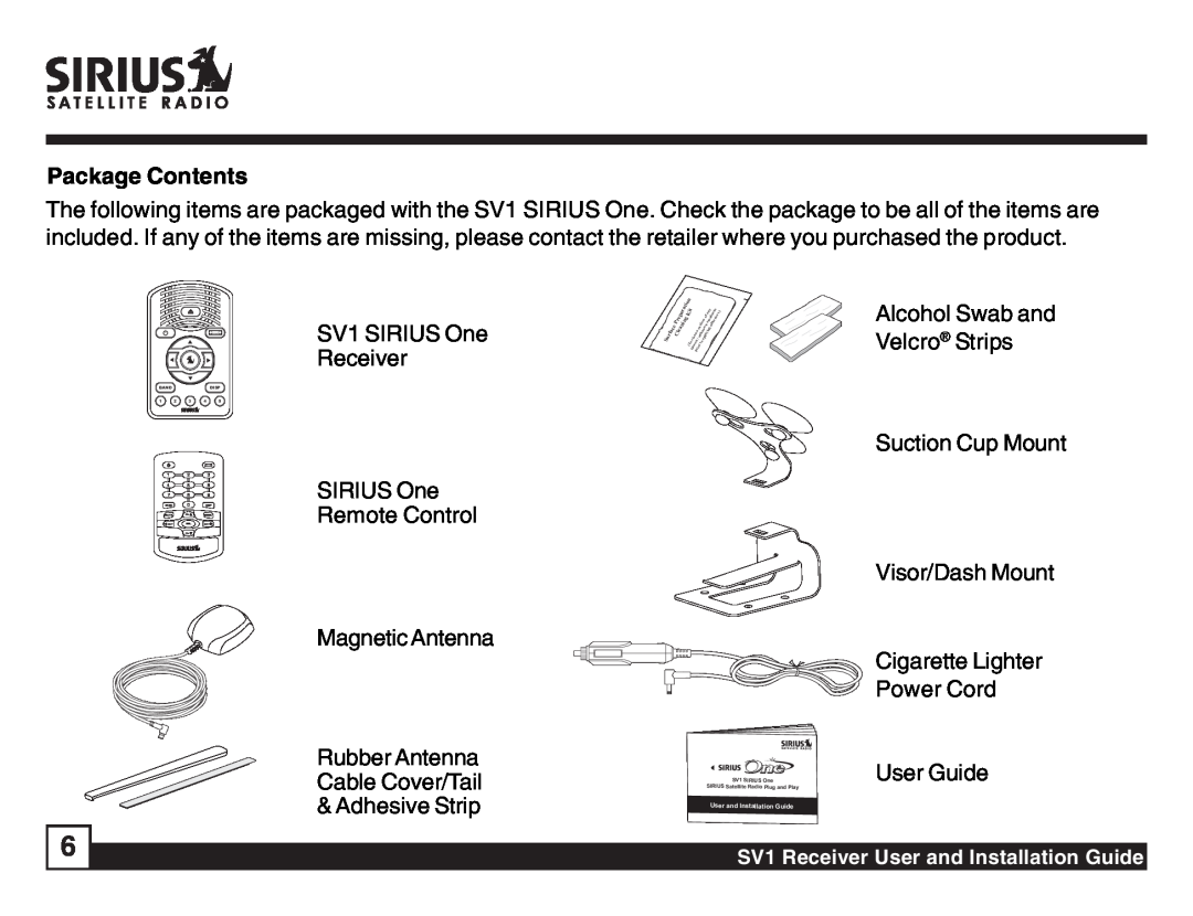 Sirius Satellite Radio SV1 SIRIUS One manual Package Contents 