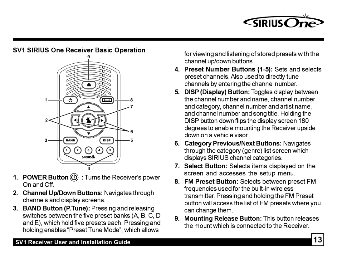 Sirius Satellite Radio manual SV1 Sirius One Receiver Basic Operation, Category Previous/Next Buttons Navigates 