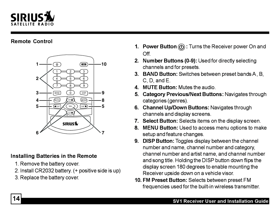 Sirius Satellite Radio SV1 manual Remote Control, Installing Batteries in the Remote 