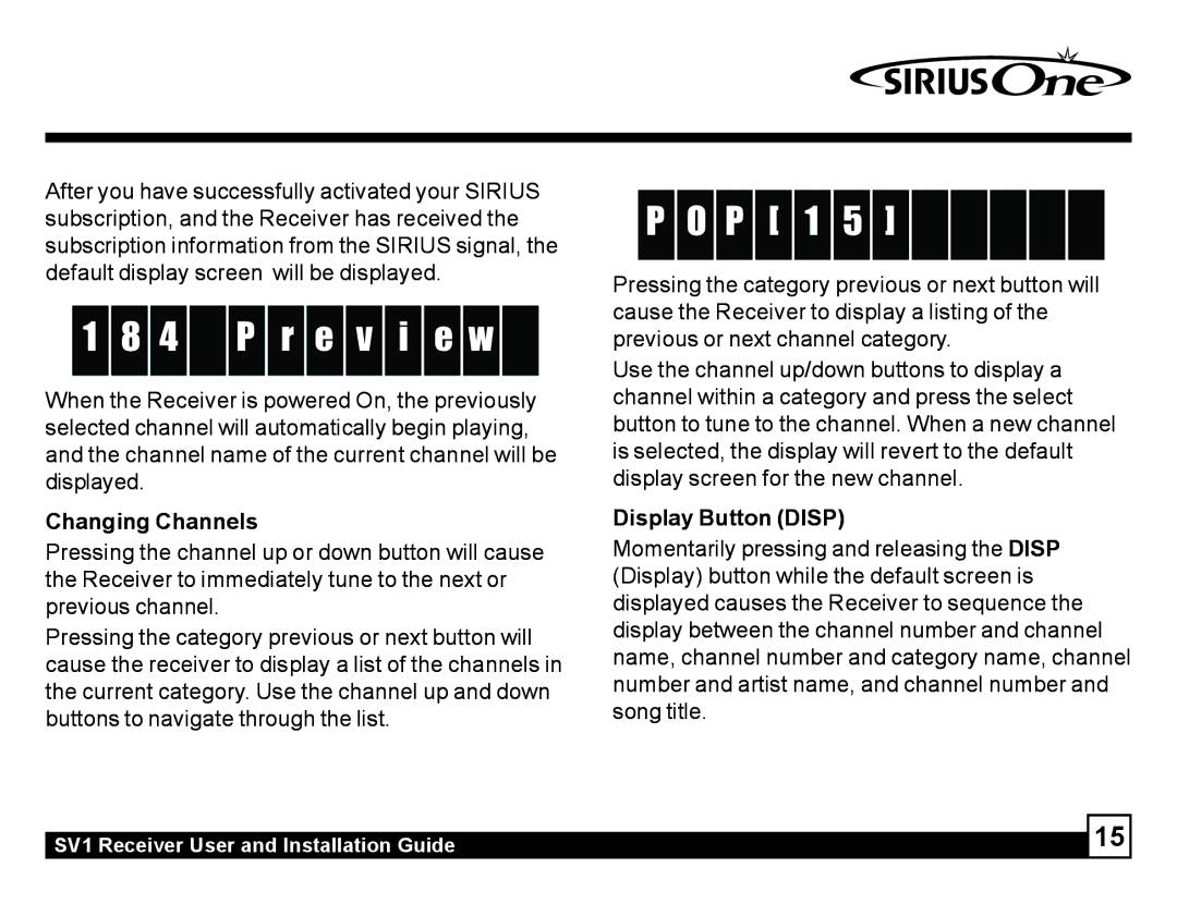 Sirius Satellite Radio SV1 manual P r e v i e w, P 1, Changing Channels, Display Button Disp 