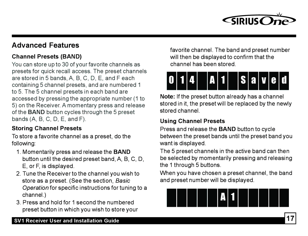 Sirius Satellite Radio SV1 manual 4 a 1 S a v e d, Channel Presets Band, Storing Channel Presets, Using Channel Presets 