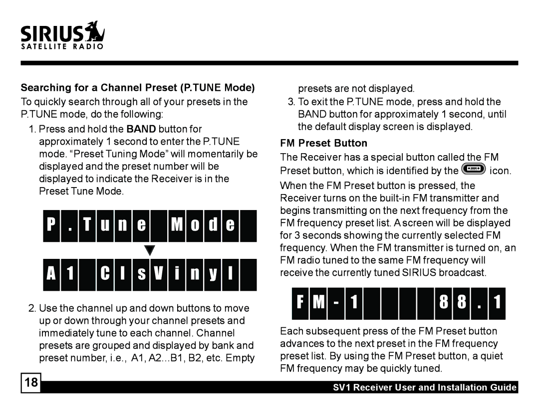 Sirius Satellite Radio SV1 manual U n e M o d e L s V i n y l, 1 8 8, Searching for a Channel Preset P.TUNE Mode 