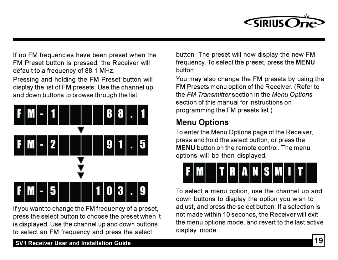 Sirius Satellite Radio SV1 manual Menu Options 