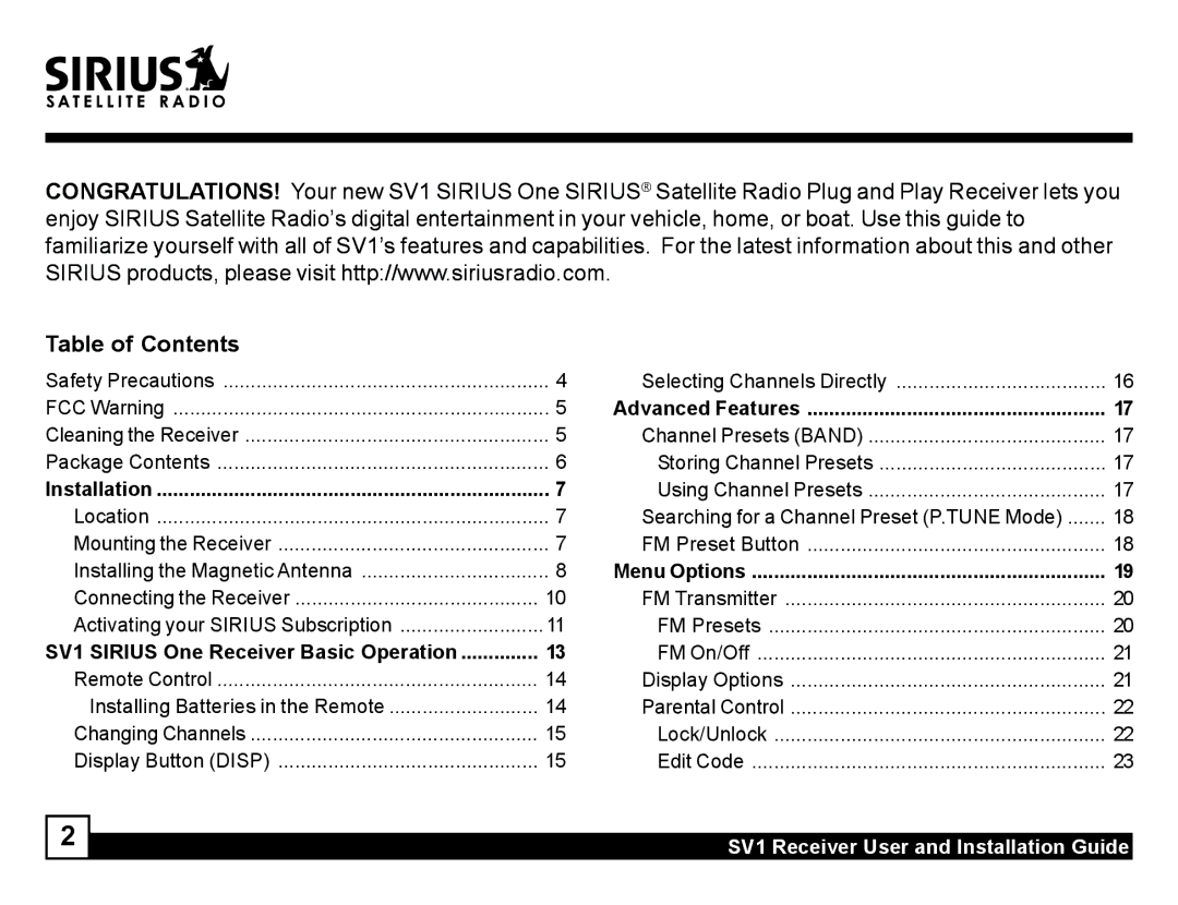 Sirius Satellite Radio SV1 manual Table of Contents 