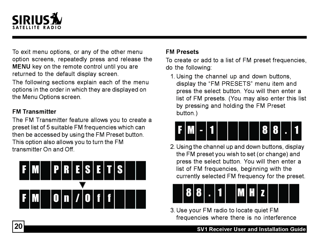 Sirius Satellite Radio SV1 manual P R E S E T S F M O n / O f f, M H z, FM Transmitter, FM Presets 