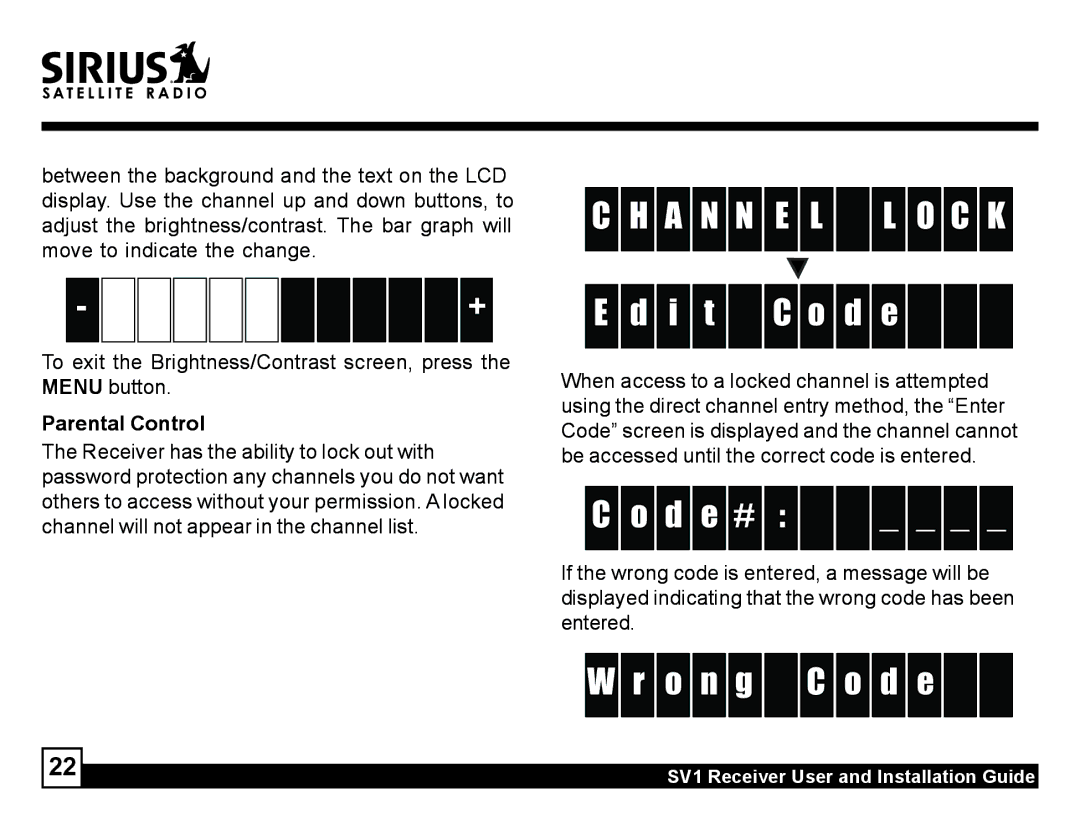 Sirius Satellite Radio SV1 manual A N N E L L O C K I t C o d e, D e #, O n g C o d e, Parental Control 