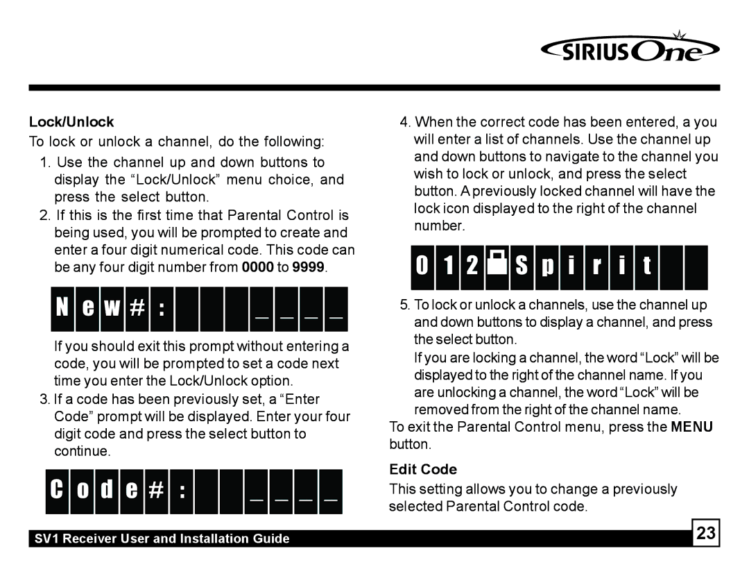 Sirius Satellite Radio SV1 manual W #, S p i r i t, Lock/Unlock, Edit Code 