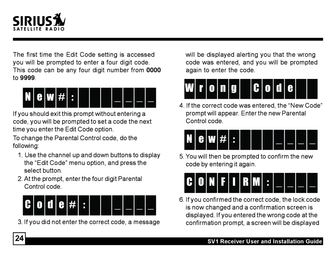 Sirius Satellite Radio SV1 manual N F I R M, If you did not enter the correct code, a message 