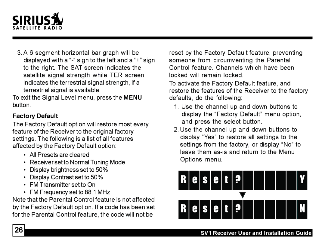 Sirius Satellite Radio SV1 manual Factory Default 