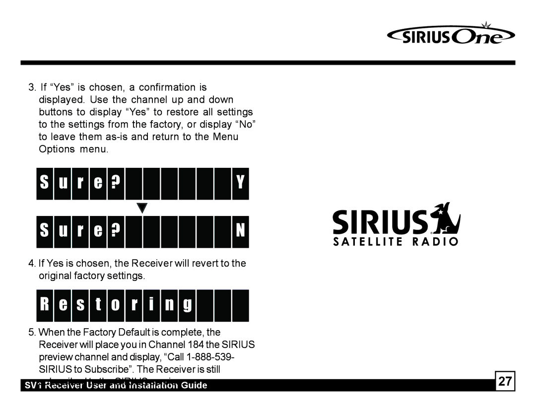 Sirius Satellite Radio SV1 manual R e ? Y R e ? N, S t o r i n g 