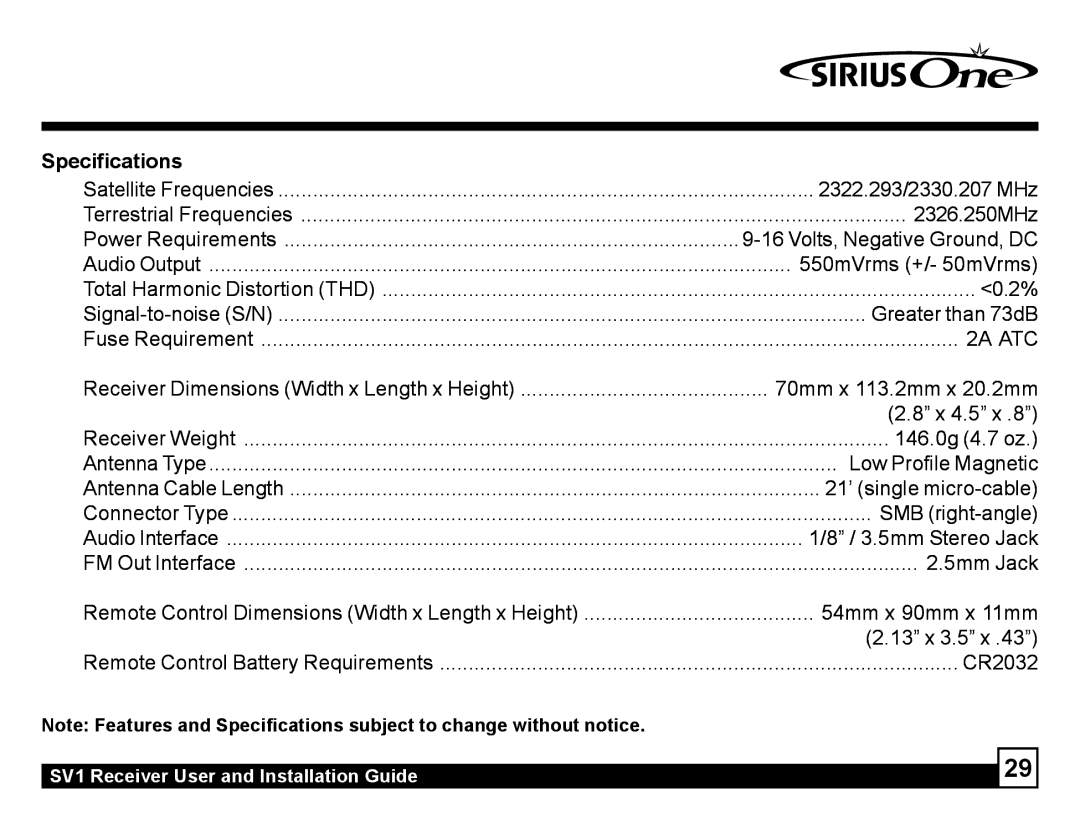 Sirius Satellite Radio SV1 manual Specifications, Audio Output 