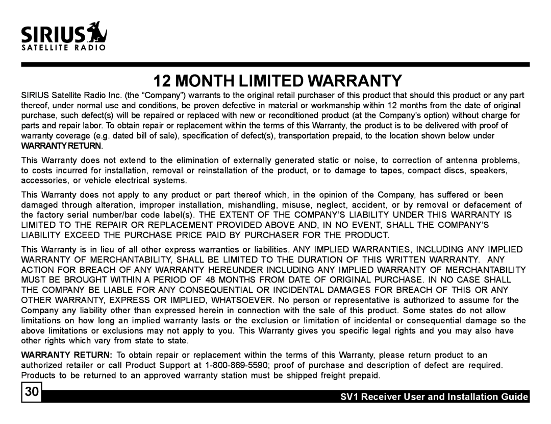 Sirius Satellite Radio SV1 manual Month Limited Warranty 