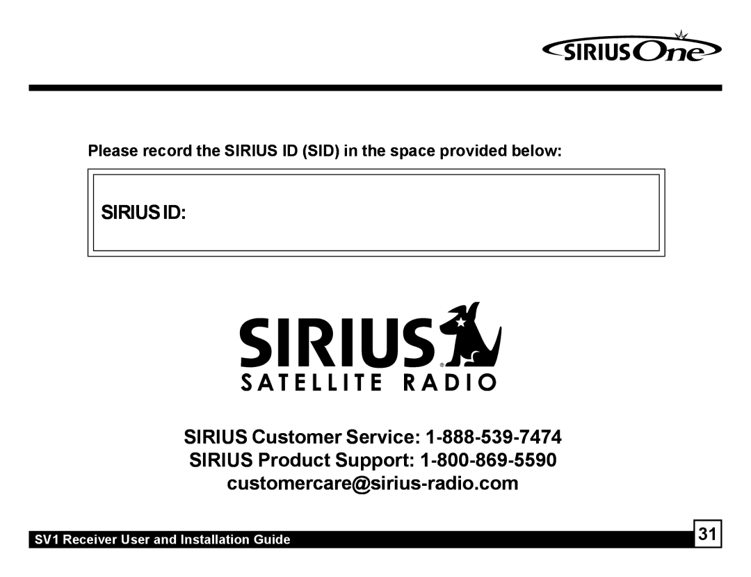 Sirius Satellite Radio SV1 manual Sirius ID 