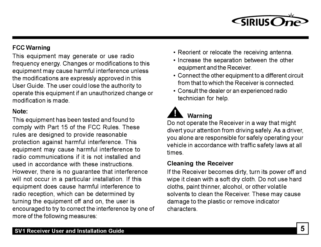 Sirius Satellite Radio SV1 manual FCC Warning, Cleaning the Receiver 