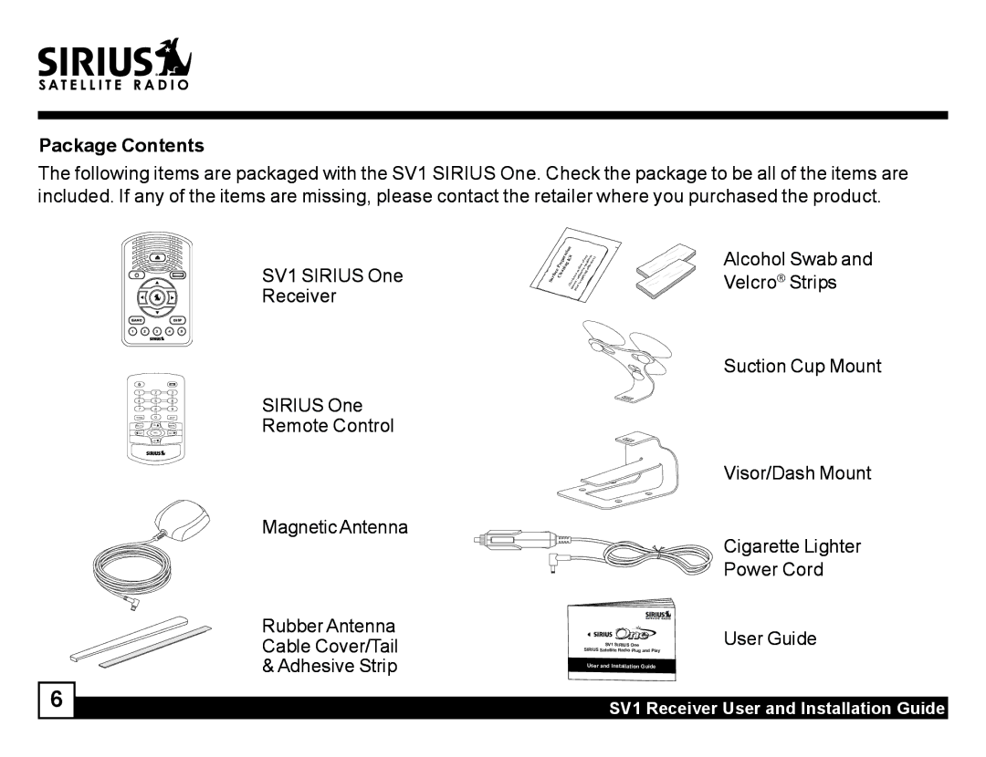 Sirius Satellite Radio SV1 manual Package Contents 