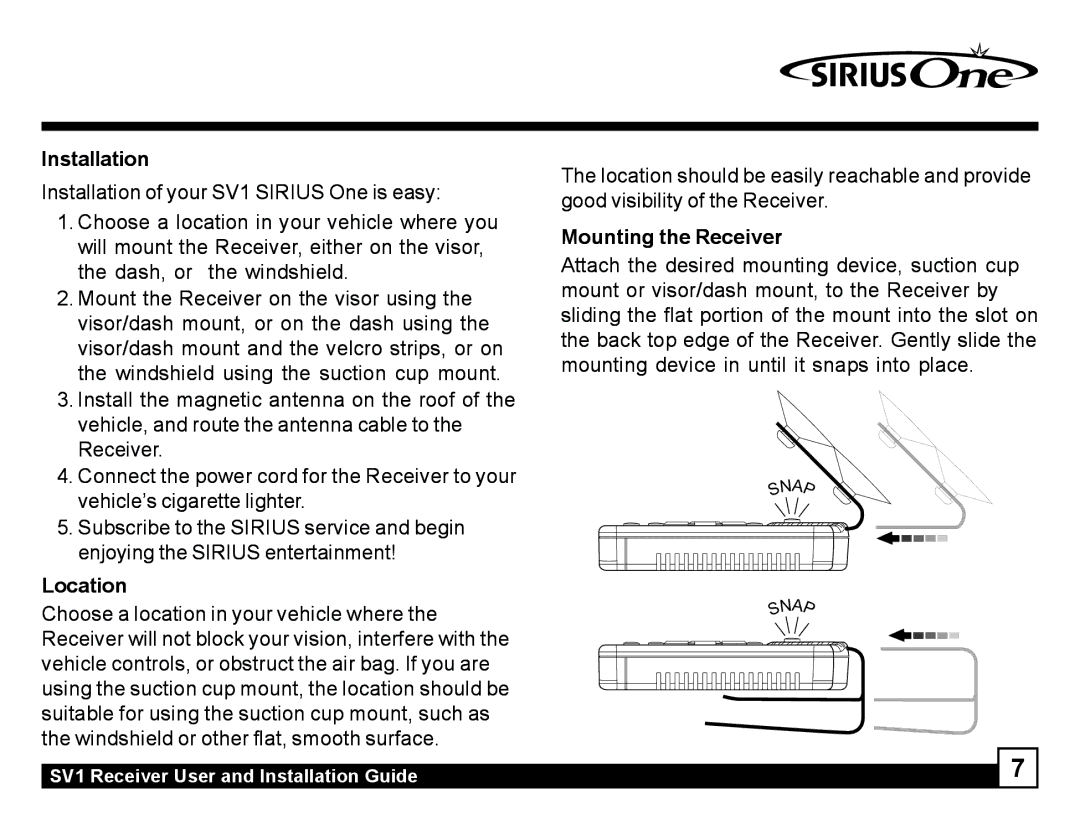 Sirius Satellite Radio SV1 manual Installation, Location, Mounting the Receiver 