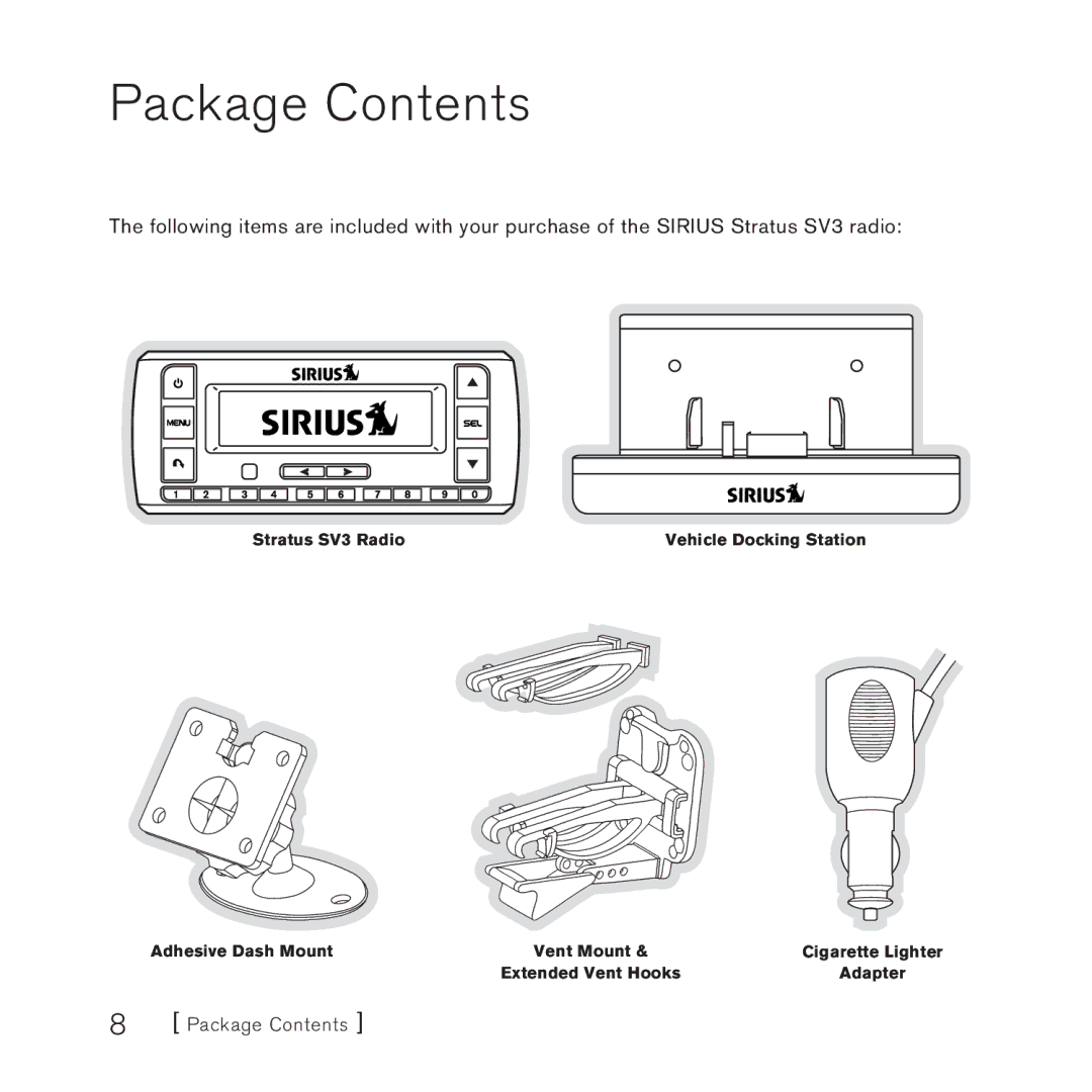 Sirius Satellite Radio SV3 manual Package Contents 