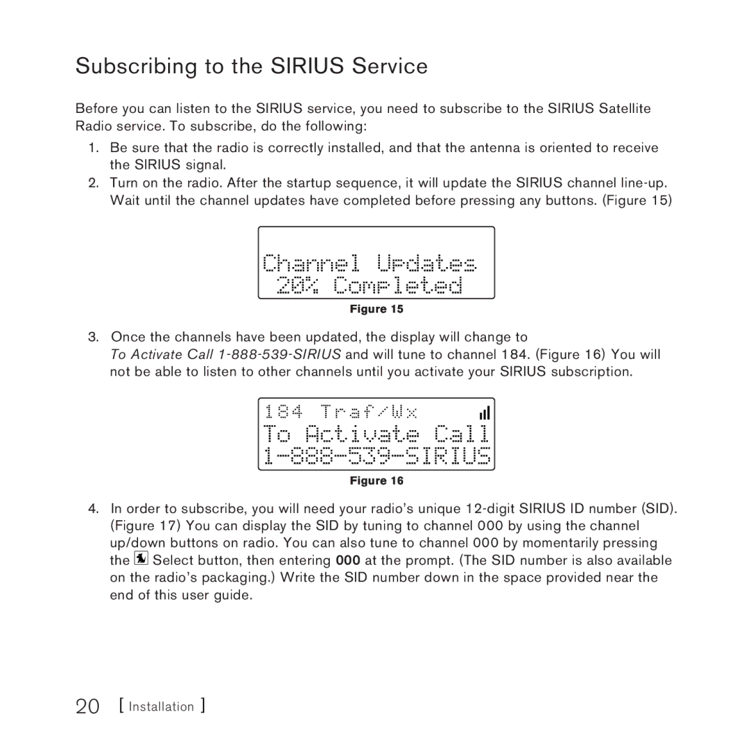 Sirius Satellite Radio SV3 manual Subscribing to the Sirius Service, Channel Updates 20% Completed 