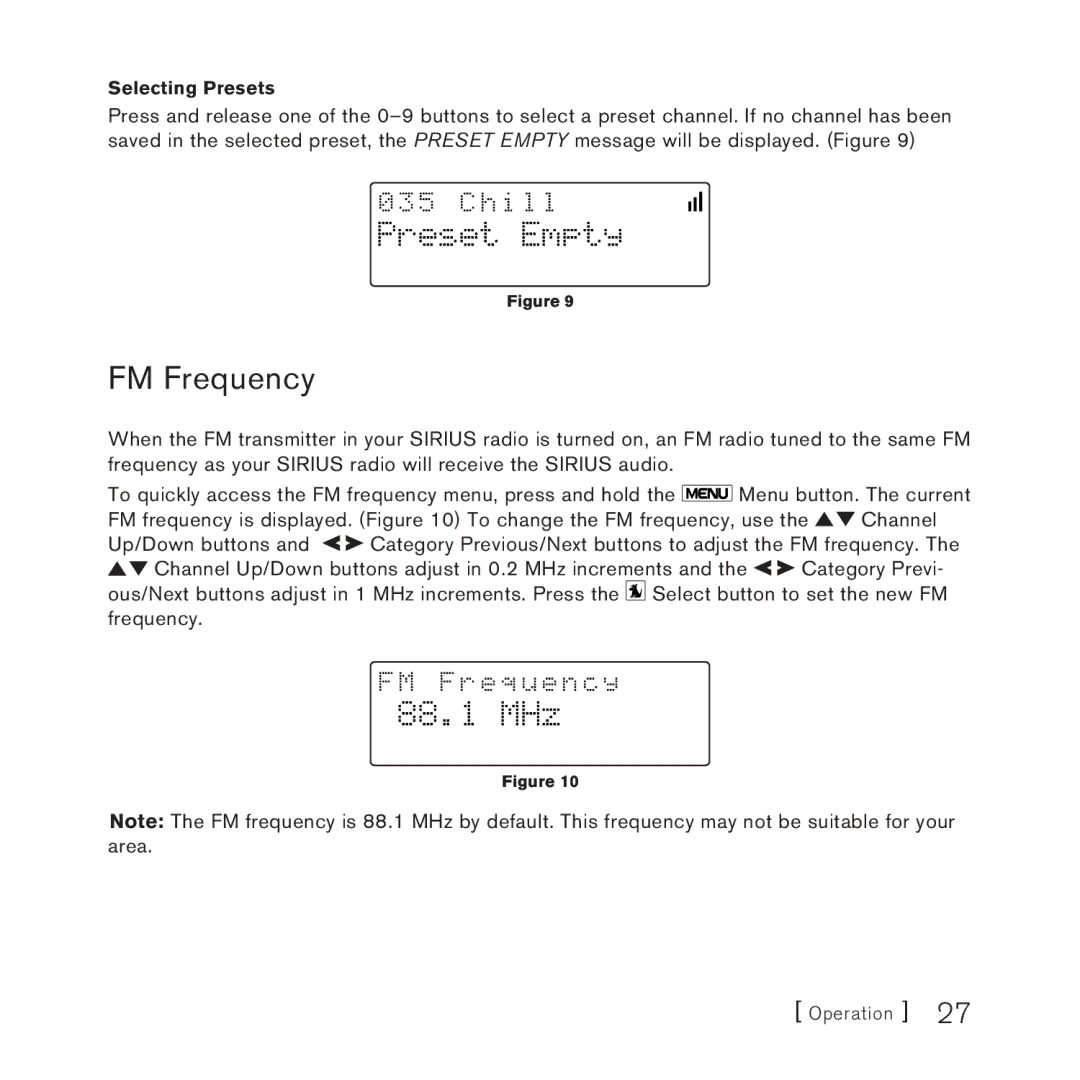 Sirius Satellite Radio SV3 manual FM Frequency, Preset Empty, 88.1 MHz 