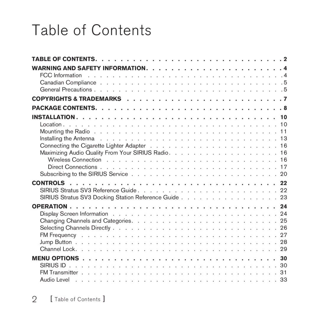 Sirius Satellite Radio SV3 manual Table of Contents 